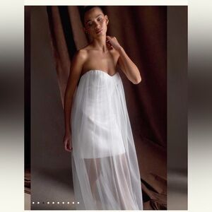 Sheer Strapless White Tulle Overlay Dress MESHKI